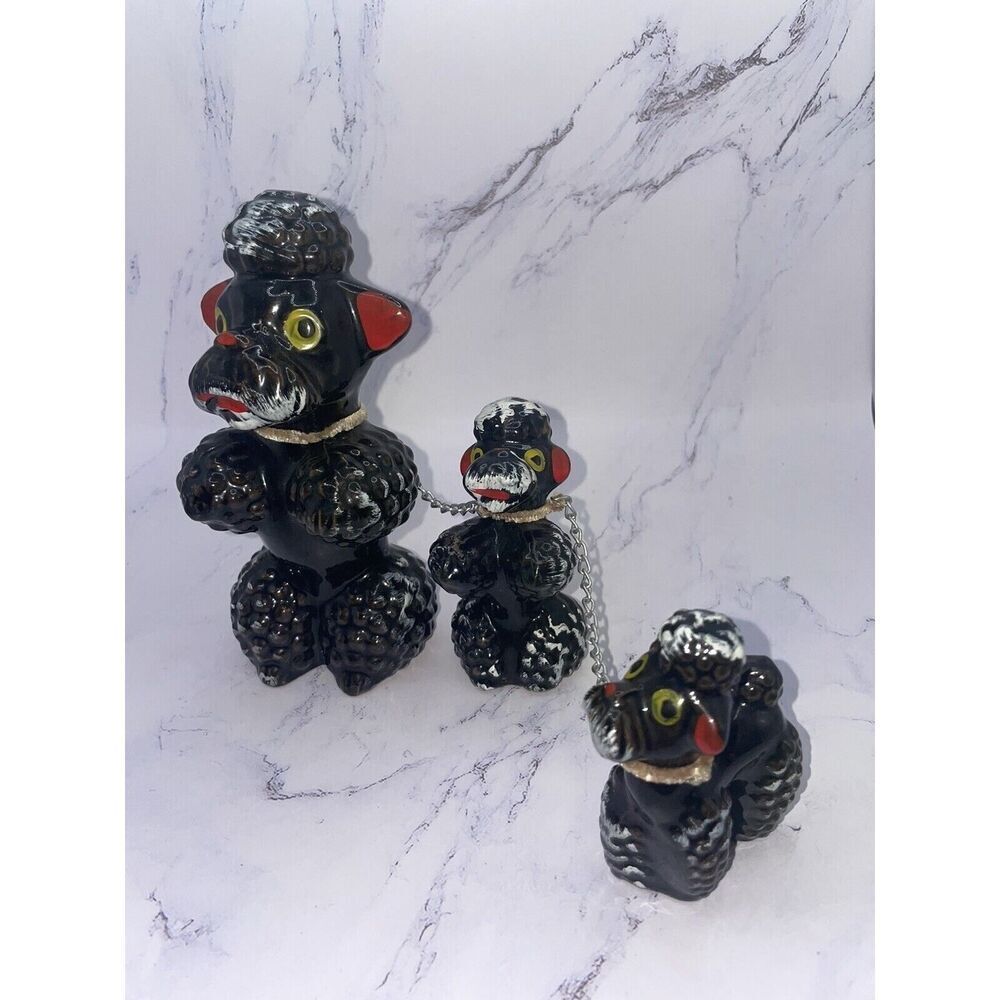 Vintage Redware Kitschy Japan Poople‎ with 2 Puppies on a chain Brown Clay MCM